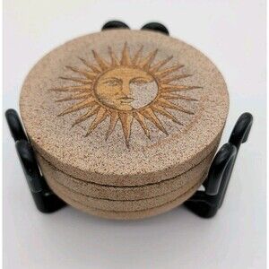 VTG 90's Celestial Sun Moon Face Stone Coasters Set of 4 Iron Holder